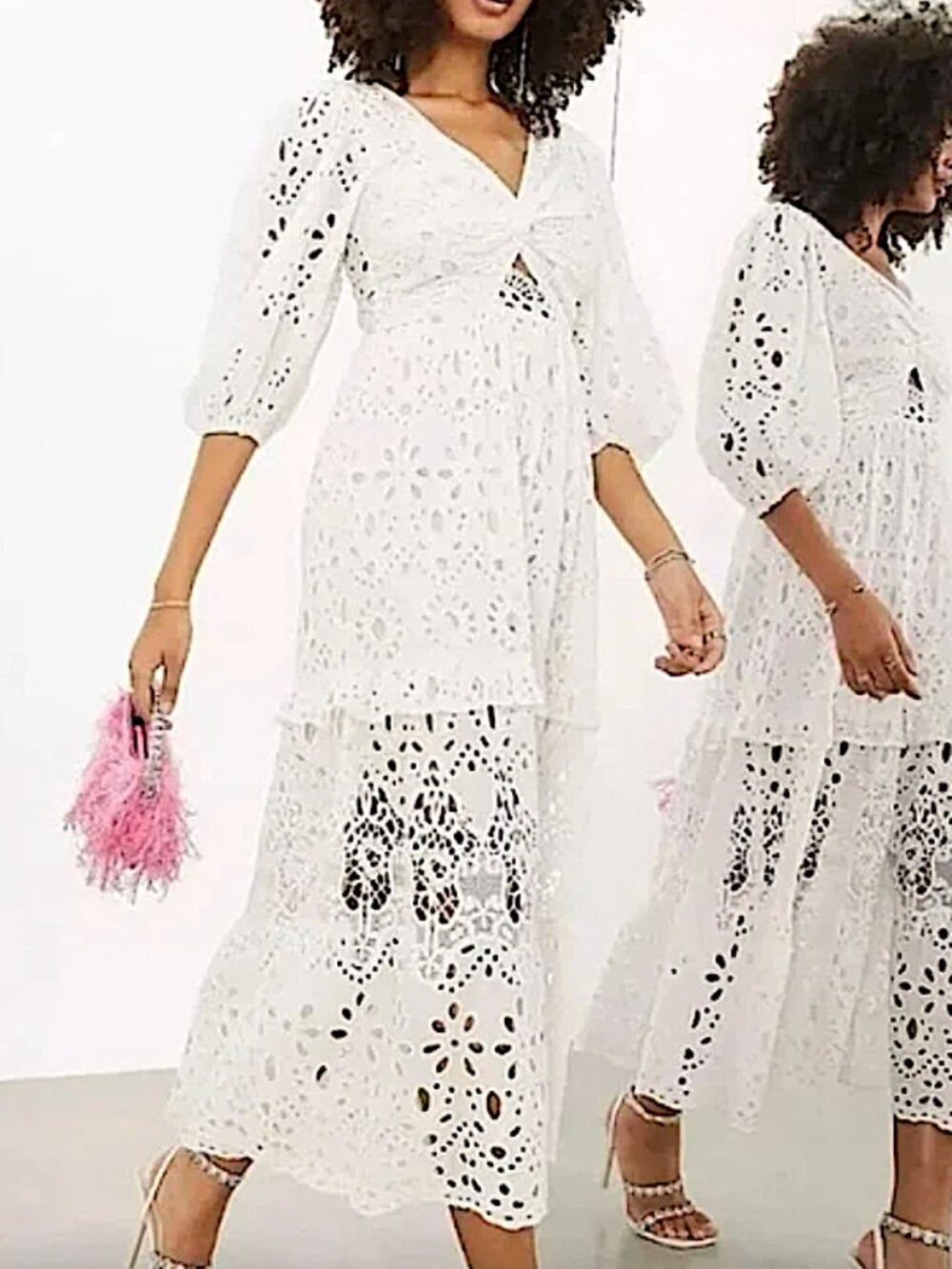 ASOS EDITION Broderie Twist Front Eyelet Lace Midi Dress White